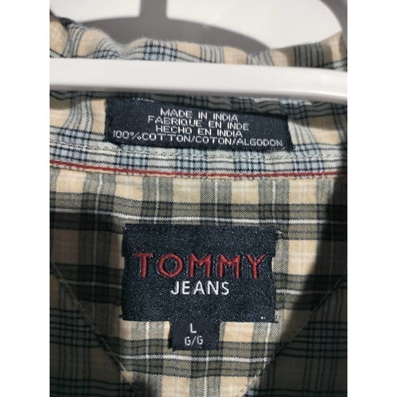 Tommy Jeans men short sleeve casual blue plaid button shirt 100% Cotton size LG - Picture 3 of 4